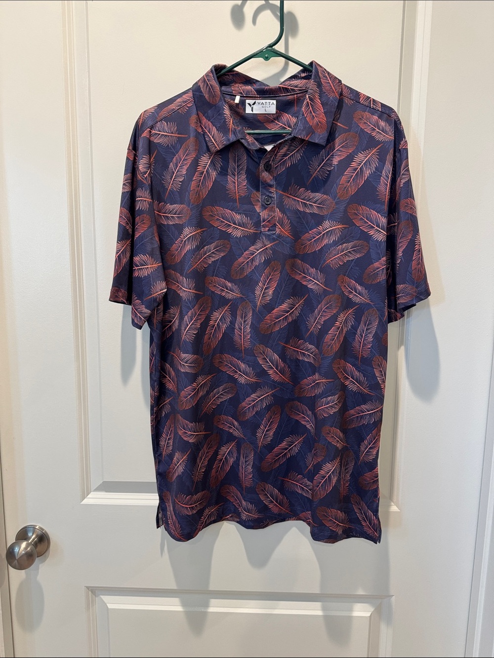 Yatta Men's Navy Polo with Coral Feather Print